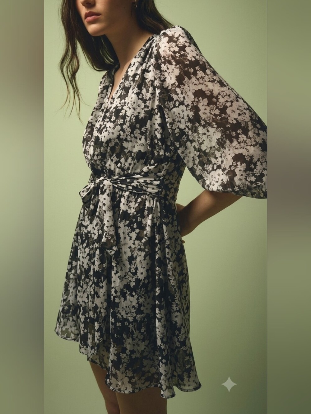 Zara Floral Metallic Print Faux-Wrap Mini Dress